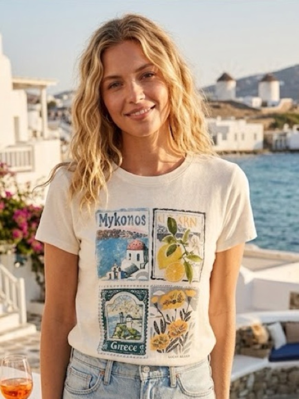 Lucky Brand White Graphic Mykonos & Lemon Stamp Tee
